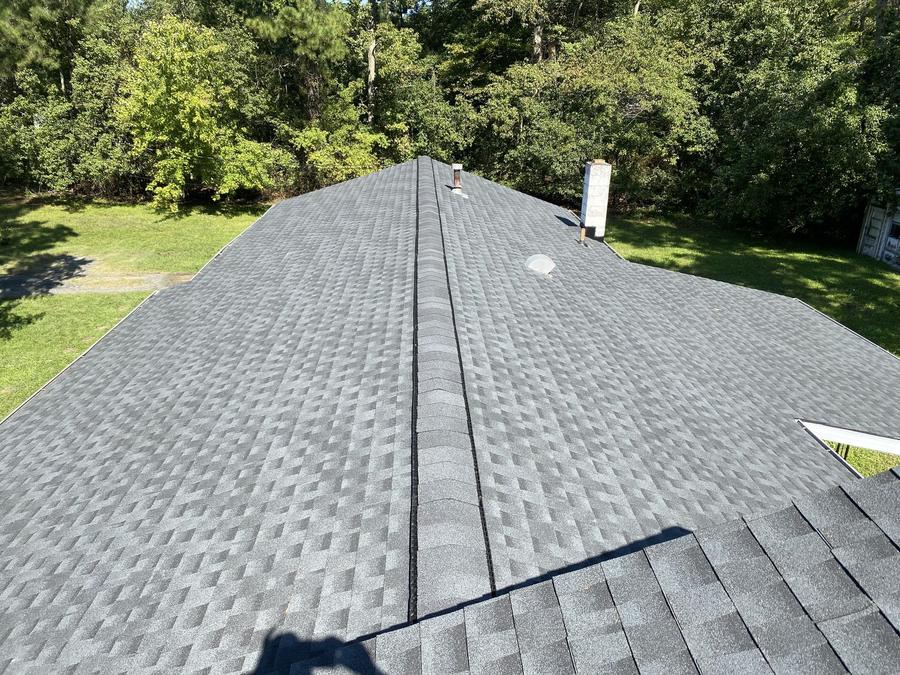 View along the ridge of a newly shingled roof